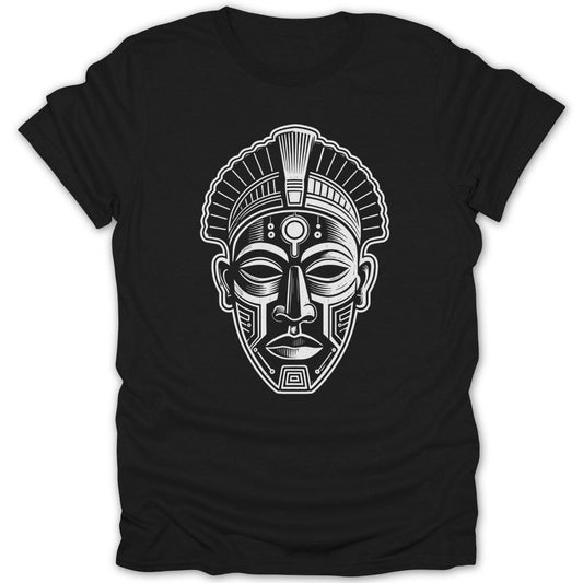 Black t-shirt with white outline of a tribal mask with geometric patterns.