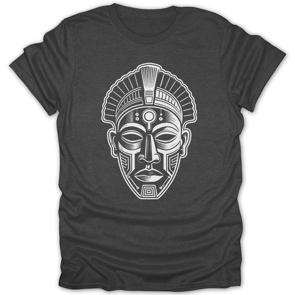 Dark t-shirt with a white line drawing of an African tribal mask.