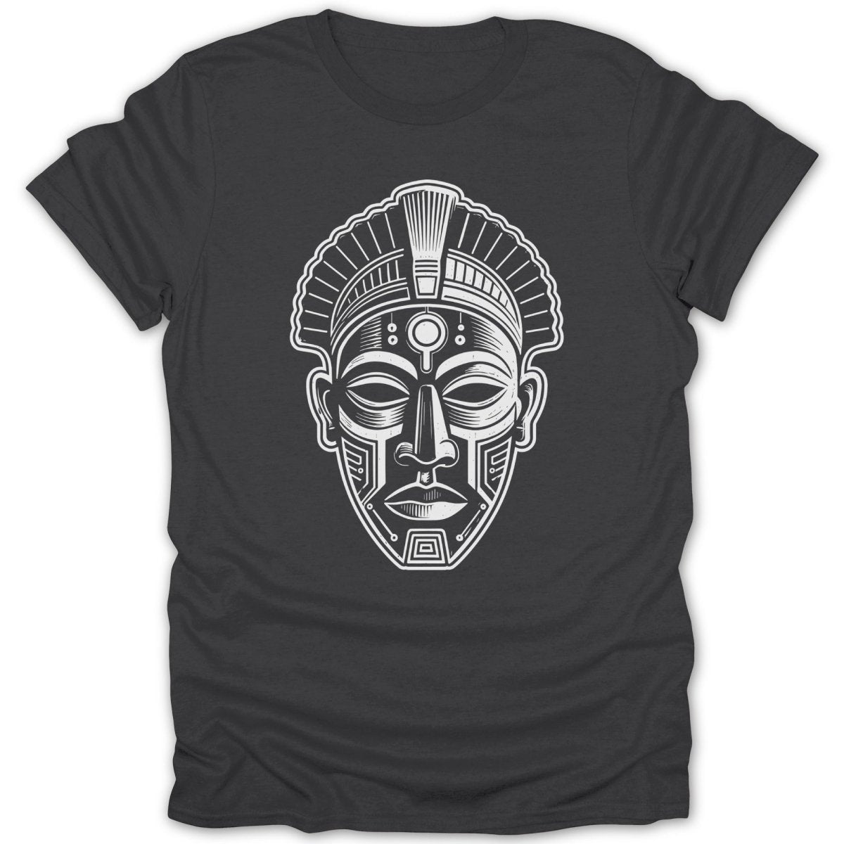 T-shirt with white tribal mask design.
