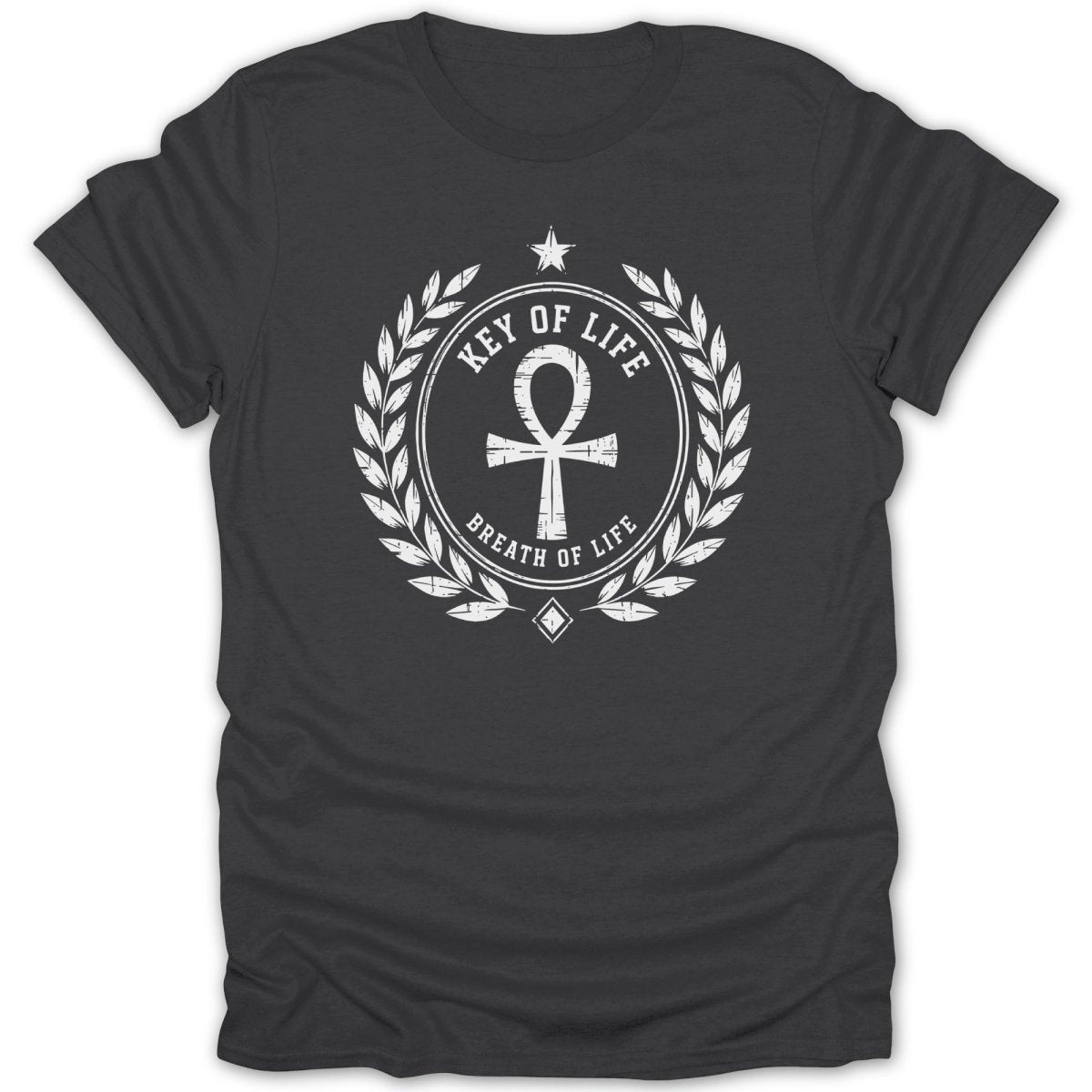 Dark grey t-shirt with a white circular crest design featuring an ankh symbol, laurel leaves, and text.