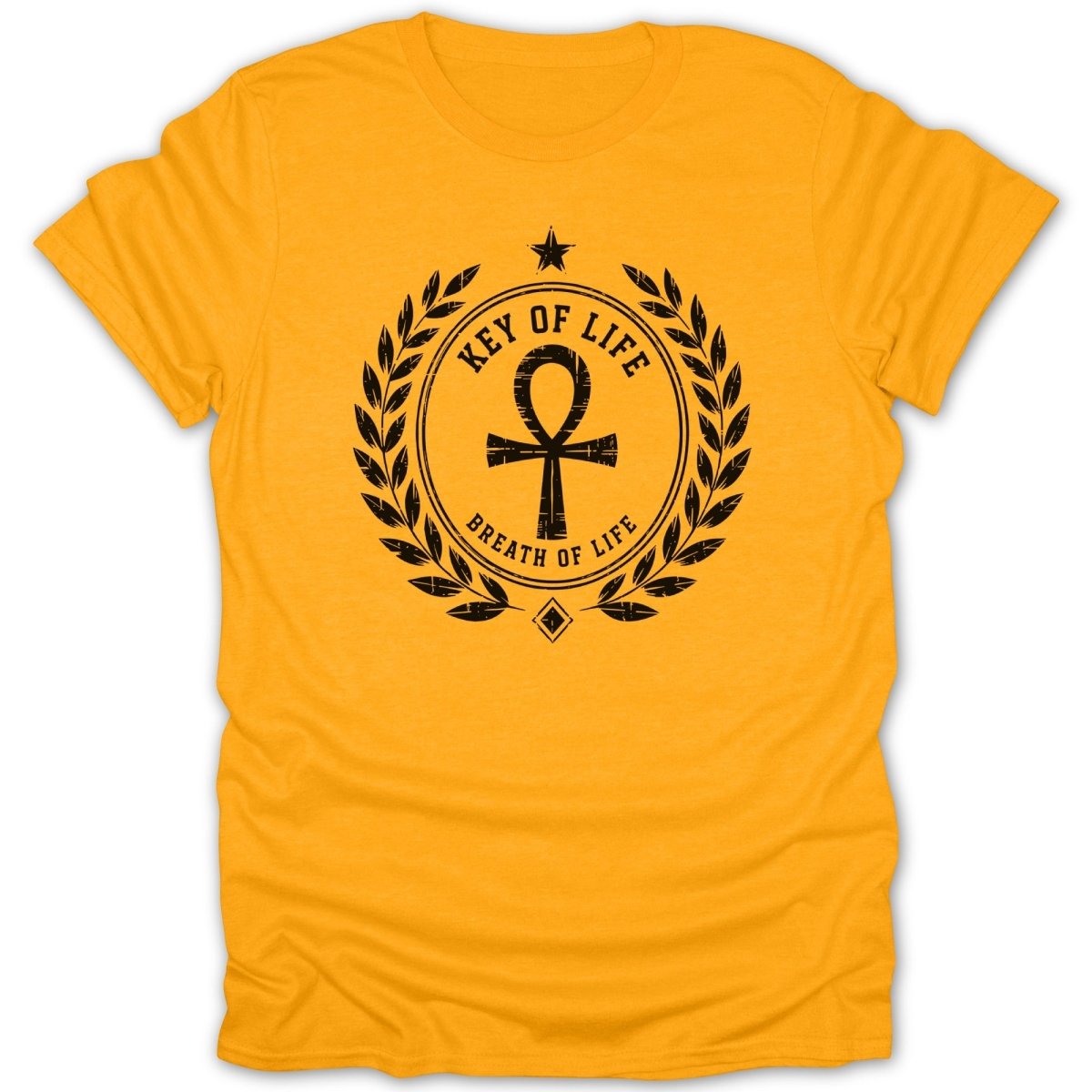 Gold t-shirt with black graphic of an ankh within a laurel wreath.