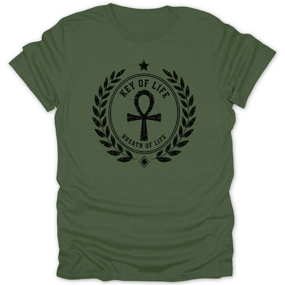 Green t-shirt with black ankh symbol inside a laurel wreath, "Key of Life" and "Breath of Life".