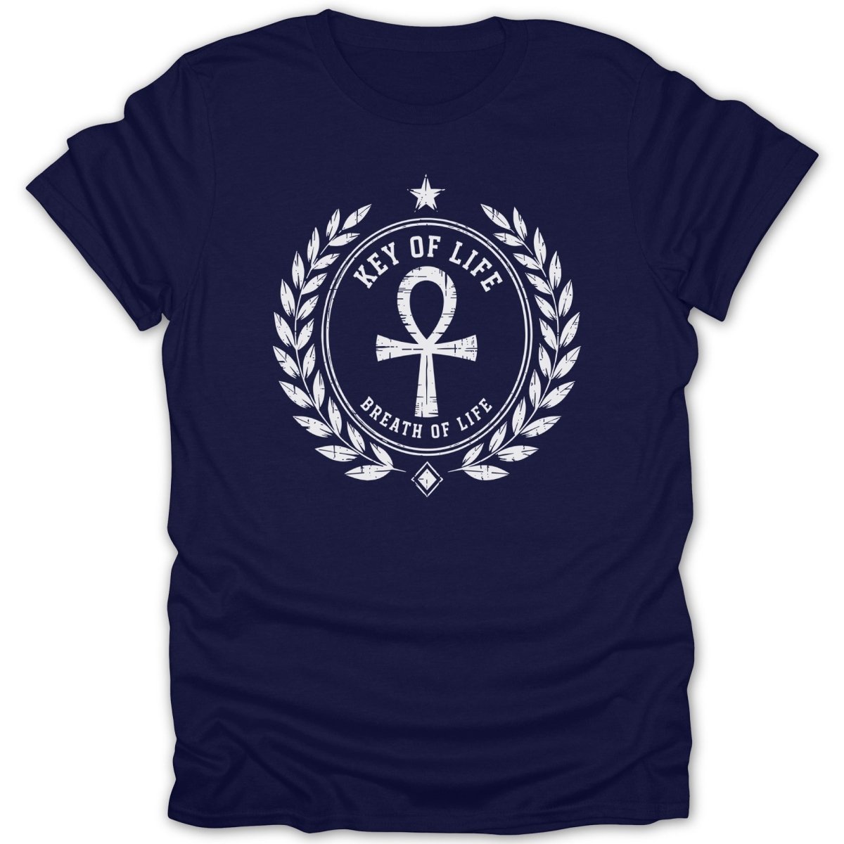 Navy t-shirt with white ankh design and text "Key of Life, Breath of Life".