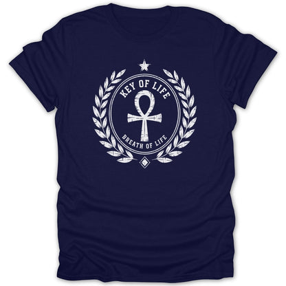 Navy t-shirt with white ankh design and text "Key of Life, Breath of Life".
