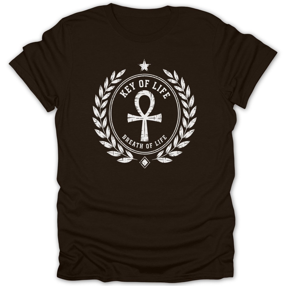 Brown t-shirt with white "Key of Life" and ankh symbol within a laurel wreath.