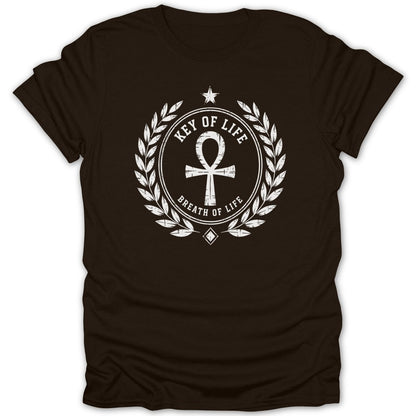 Brown t-shirt with white "Key of Life" and ankh symbol within a laurel wreath.