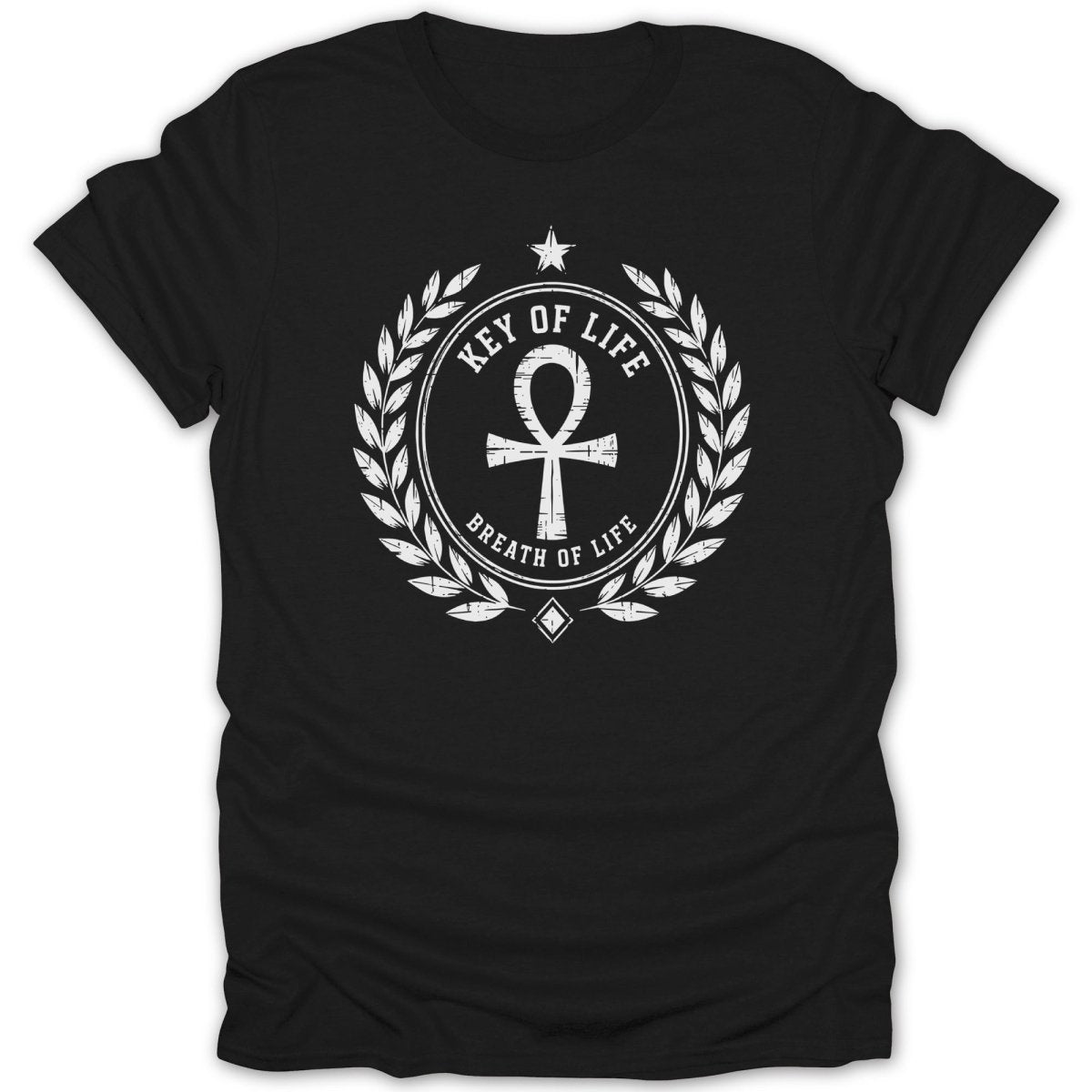 Black t-shirt with a white circular emblem featuring an ankh, laurel wreath, and text.