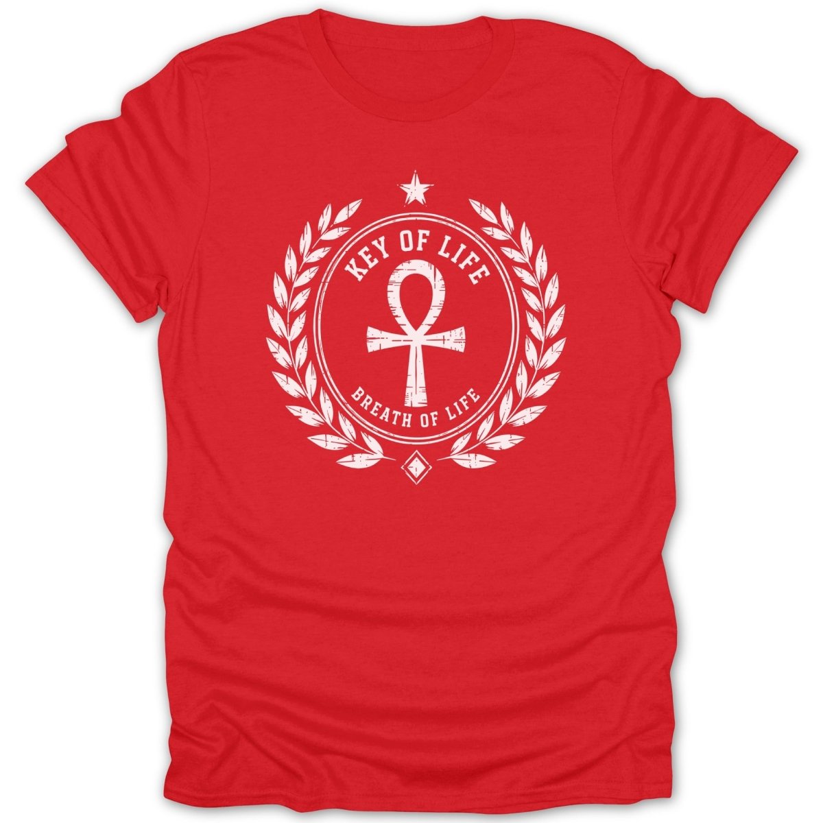 Red t-shirt with white ankh symbol, laurel wreath, and text.