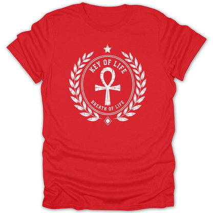 Red t-shirt with white ankh symbol, laurel wreath, and text.
