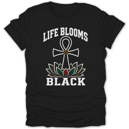 Black t-shirt with "Life Blooms Black" and an ankh over a lotus flower.