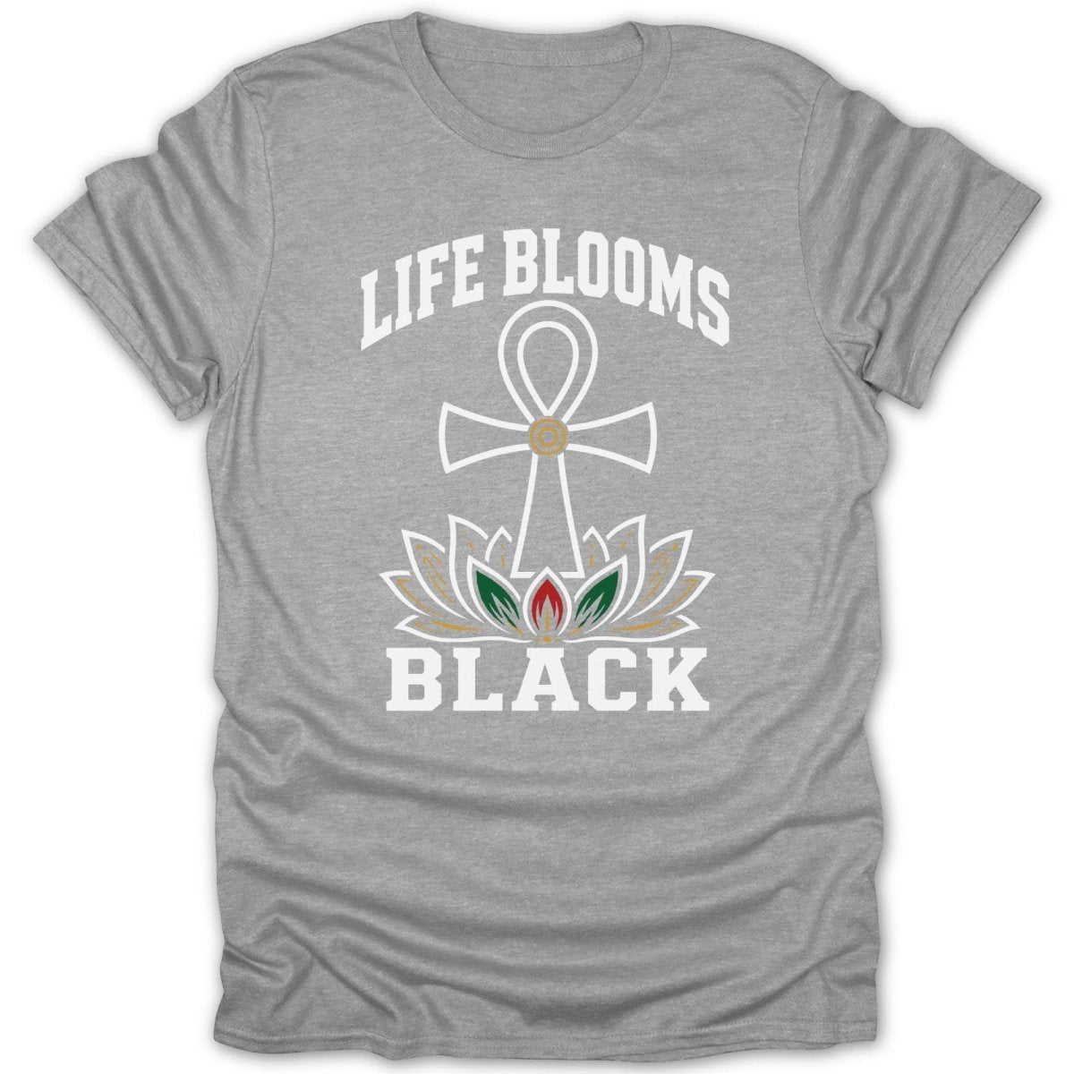 Grey t-shirt with an ankh and lotus flower design and text "LIFE BLOOMS BLACK".