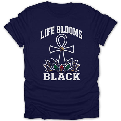 Navy t-shirt with an Ankh symbol over a lotus flower and the words "LIFE BLOOMS BLACK."