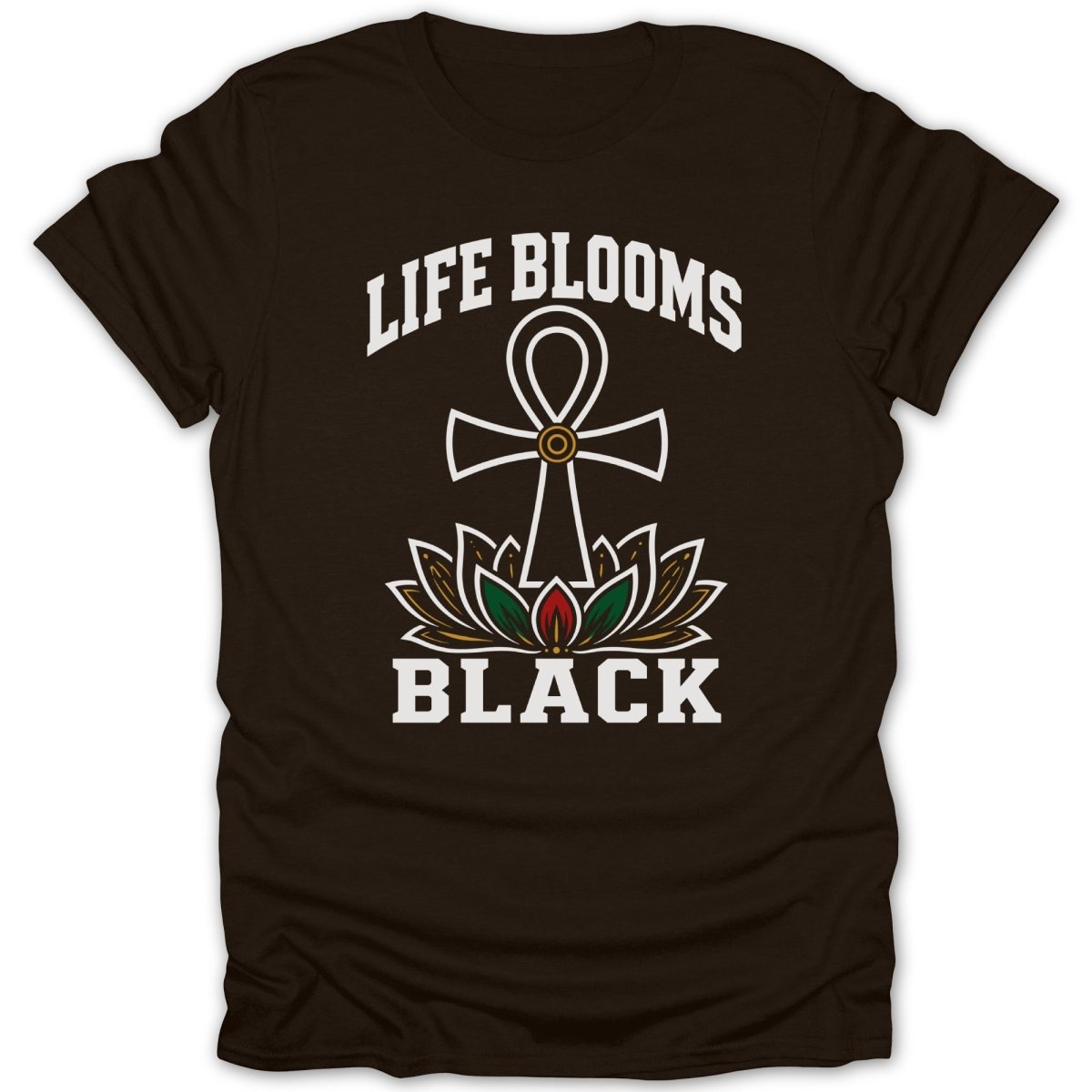 Brown t-shirt with an ankh over a lotus and text "LIFE BLOOMS BLACK".