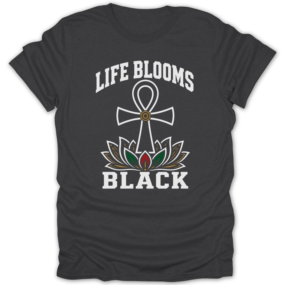Dark t-shirt with white text "LIFE BLOOMS BLACK" and a lotus flower with an ankh.