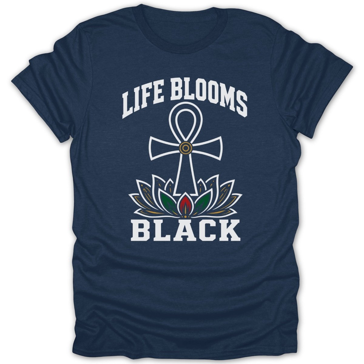 Navy t-shirt with an Ankh symbol over lotus flowers and the text "LIFE BLOOMS BLACK".