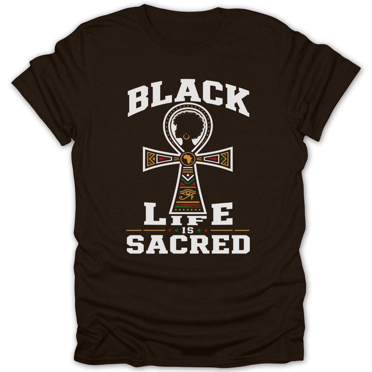 Black is sacred text on a dark brown t-shirt with an ankh symbol.