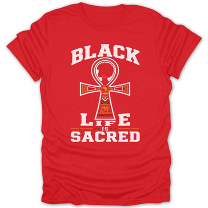 Red t-shirt with "BLACK LIFE IS SACRED" and an ankh symbol.
