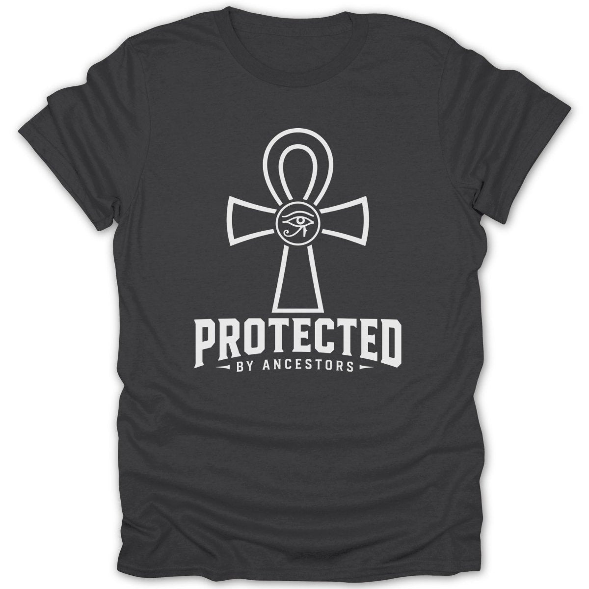 Black t-shirt with white ankh symbol and "PROTECTED BY ANCESTORS" text.