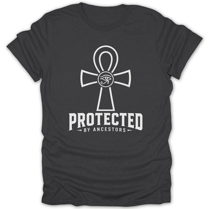 Black t-shirt with white ankh symbol and "PROTECTED BY ANCESTORS" text.