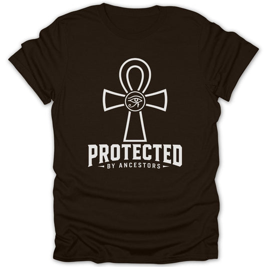 Brown t-shirt with an ankh and "Protected by Ancestors" text.