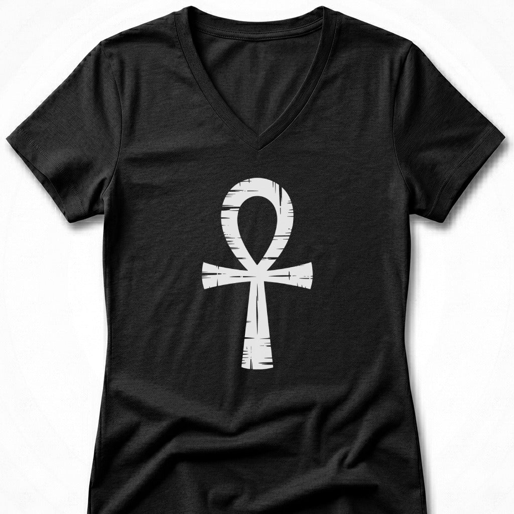 Black v-neck t-shirt with white Ankh symbol printed on the front.