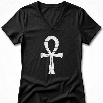 Black v-neck t-shirt with white Ankh symbol printed on the front.