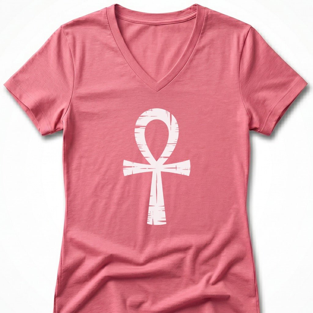 Pink v-neck t-shirt with white ankh symbol graphic.
