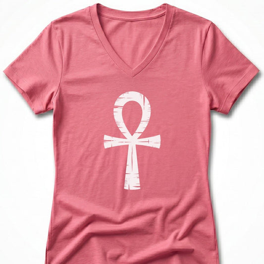 Pink v-neck t-shirt with white ankh symbol graphic.