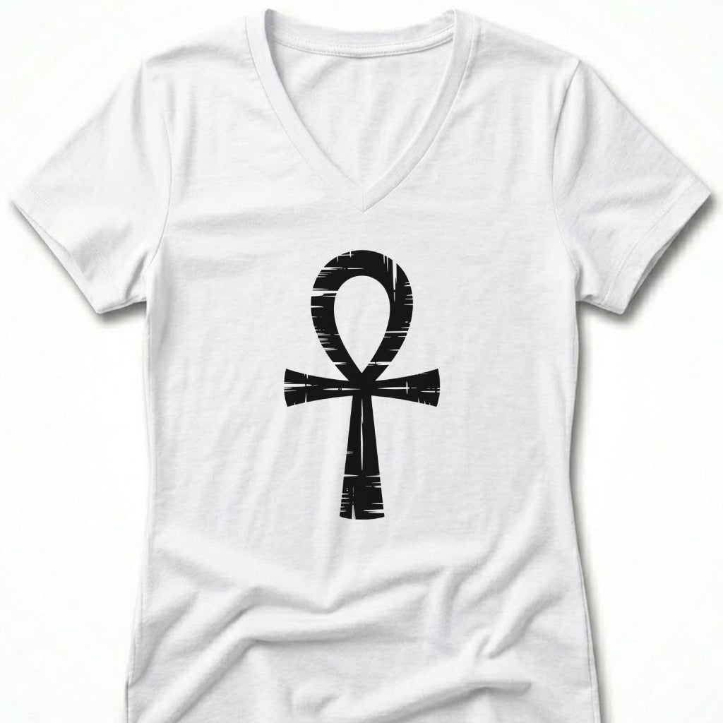 White V-neck t-shirt with a distressed black ankh symbol graphic.