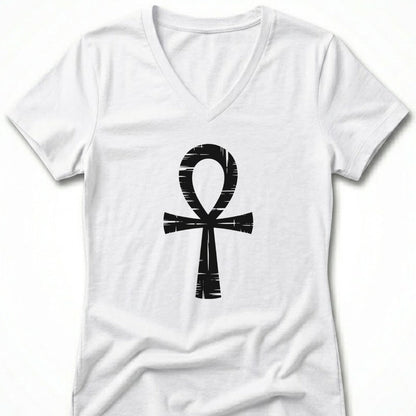 White V-neck t-shirt with a distressed black ankh symbol graphic.