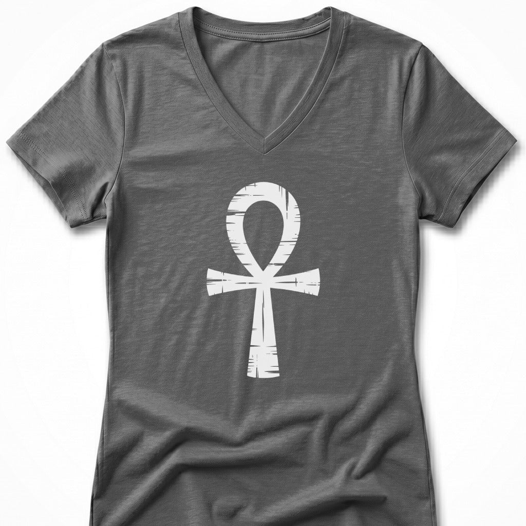 Gray v-neck t-shirt with white ankh symbol.