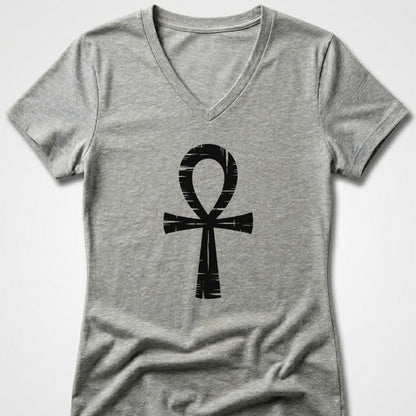 Grey v-neck t-shirt with black Ankh symbol graphic.