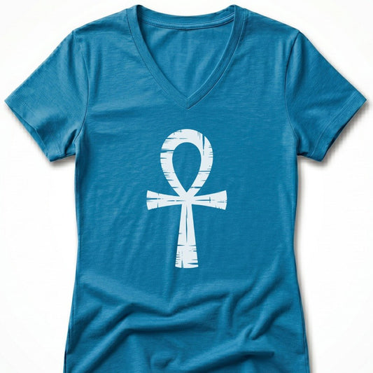 Blue v-neck t-shirt with white Ankh symbol design.