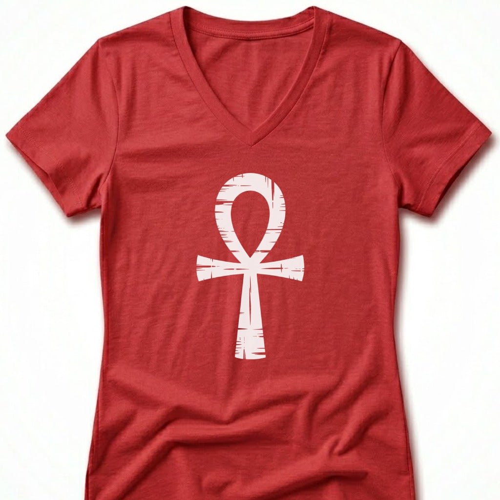 Red v-neck t-shirt with white ankh symbol graphic.