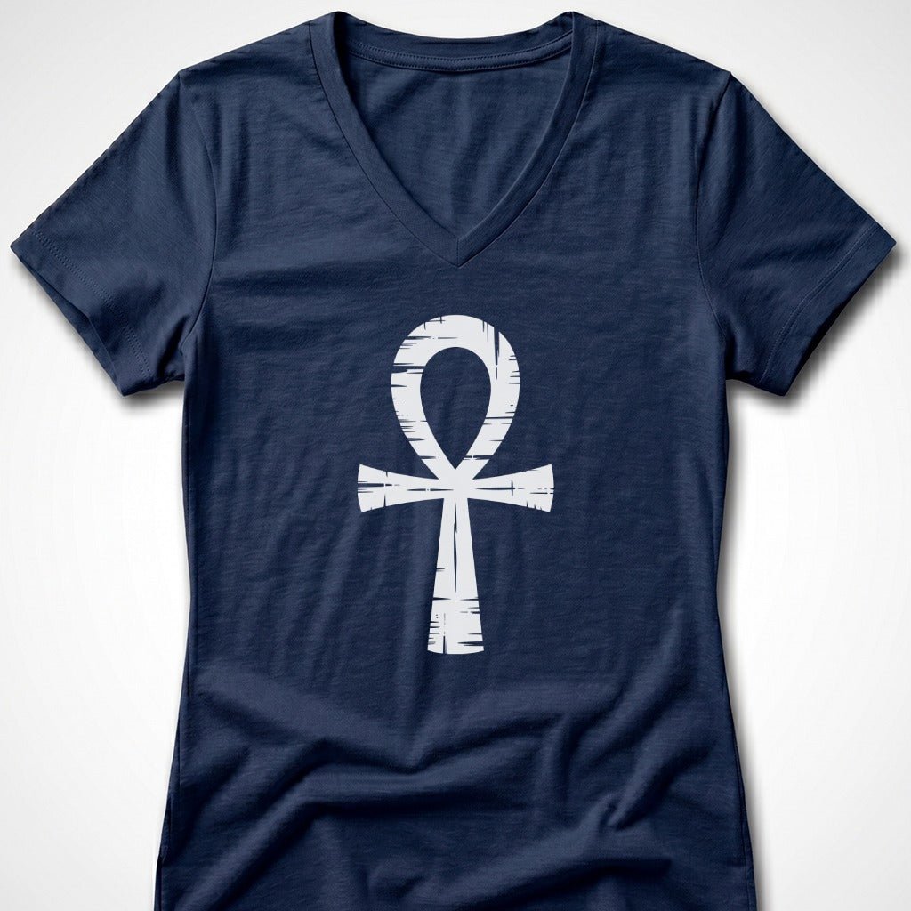 Navy v-neck t-shirt with white Ankh symbol on the front.