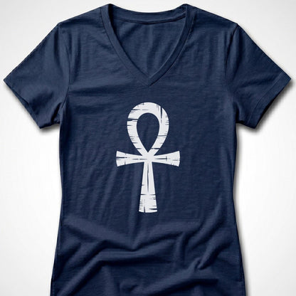 Navy v-neck t-shirt with white Ankh symbol on the front.