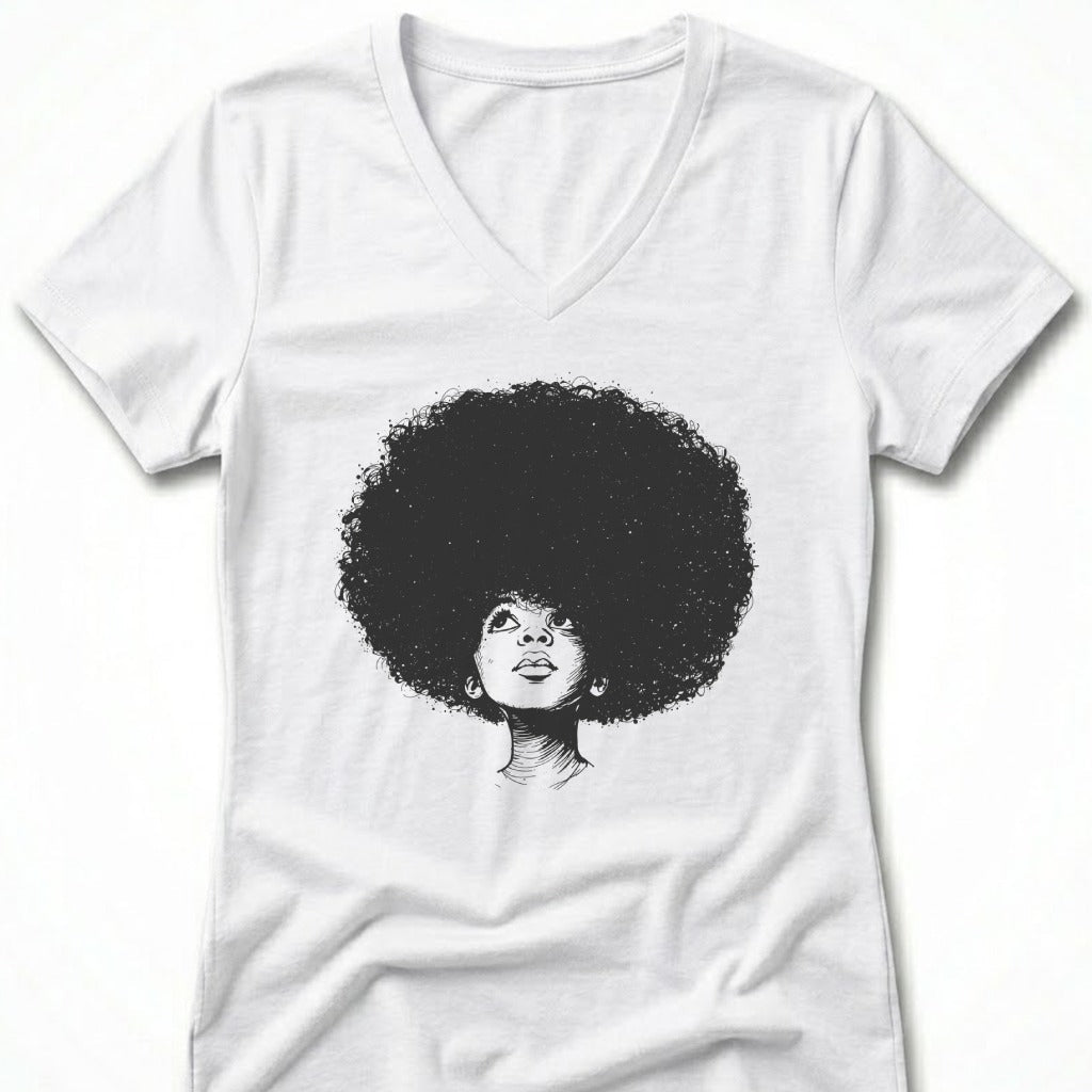 White v-neck t-shirt with sketch of a woman's face with large afro.