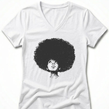 White v-neck t-shirt with sketch of a woman's face with large afro.