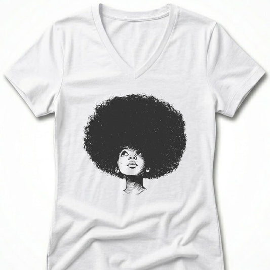 White v-neck t-shirt with sketch of a woman's face with large afro.
