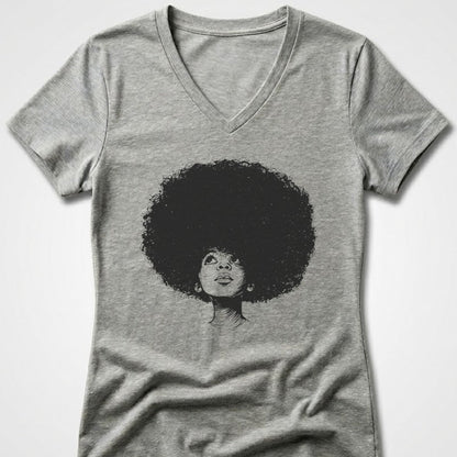 T-shirt graphic of a woman with a large afro looking upwards.