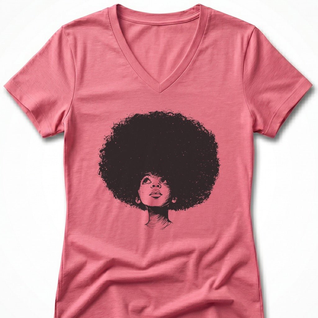Pink V-neck t-shirt with a graphic of a woman's head with a large afro.