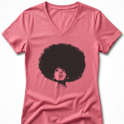 Pink V-neck t-shirt with a graphic of a woman's head with a large afro.