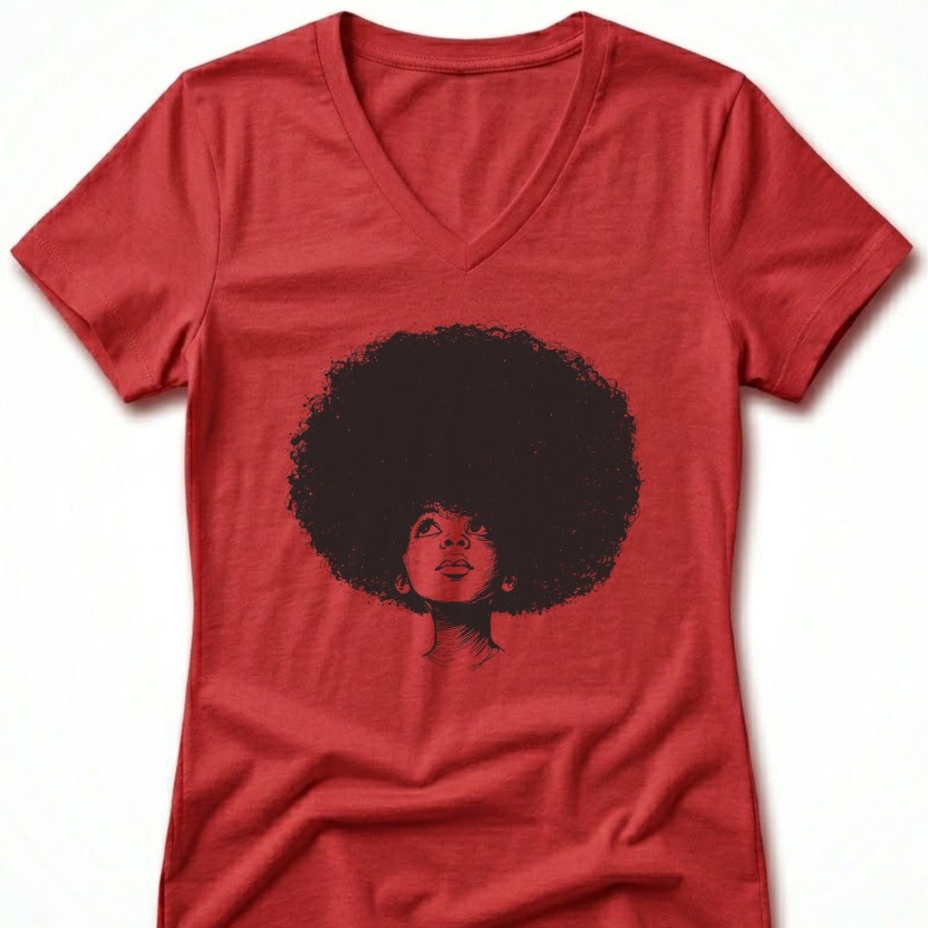 Red v-neck t-shirt with black graphic of a woman's head with afro.