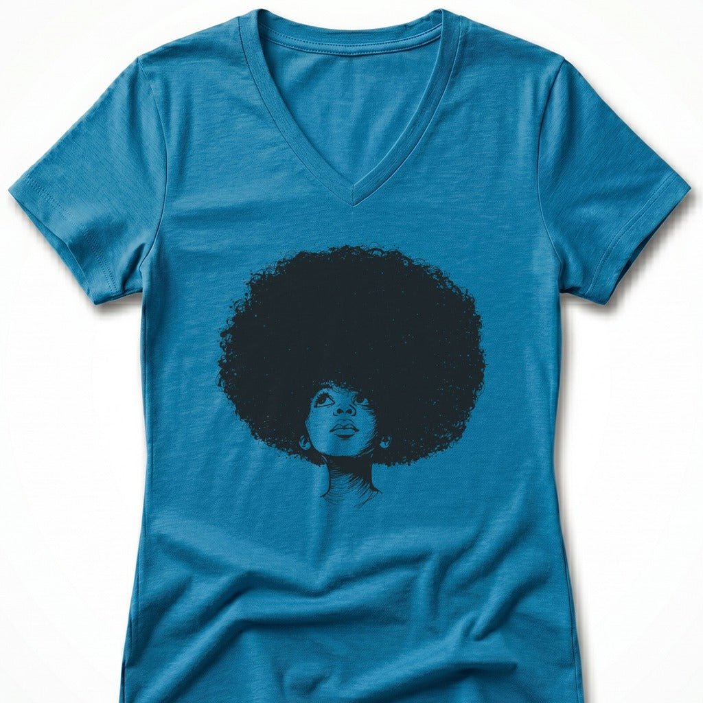 Teal v-neck t-shirt with a black graphic of a woman's head with a large afro.