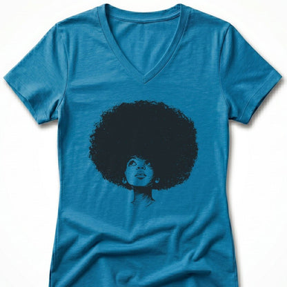 Teal v-neck t-shirt with a black graphic of a woman's head with a large afro.