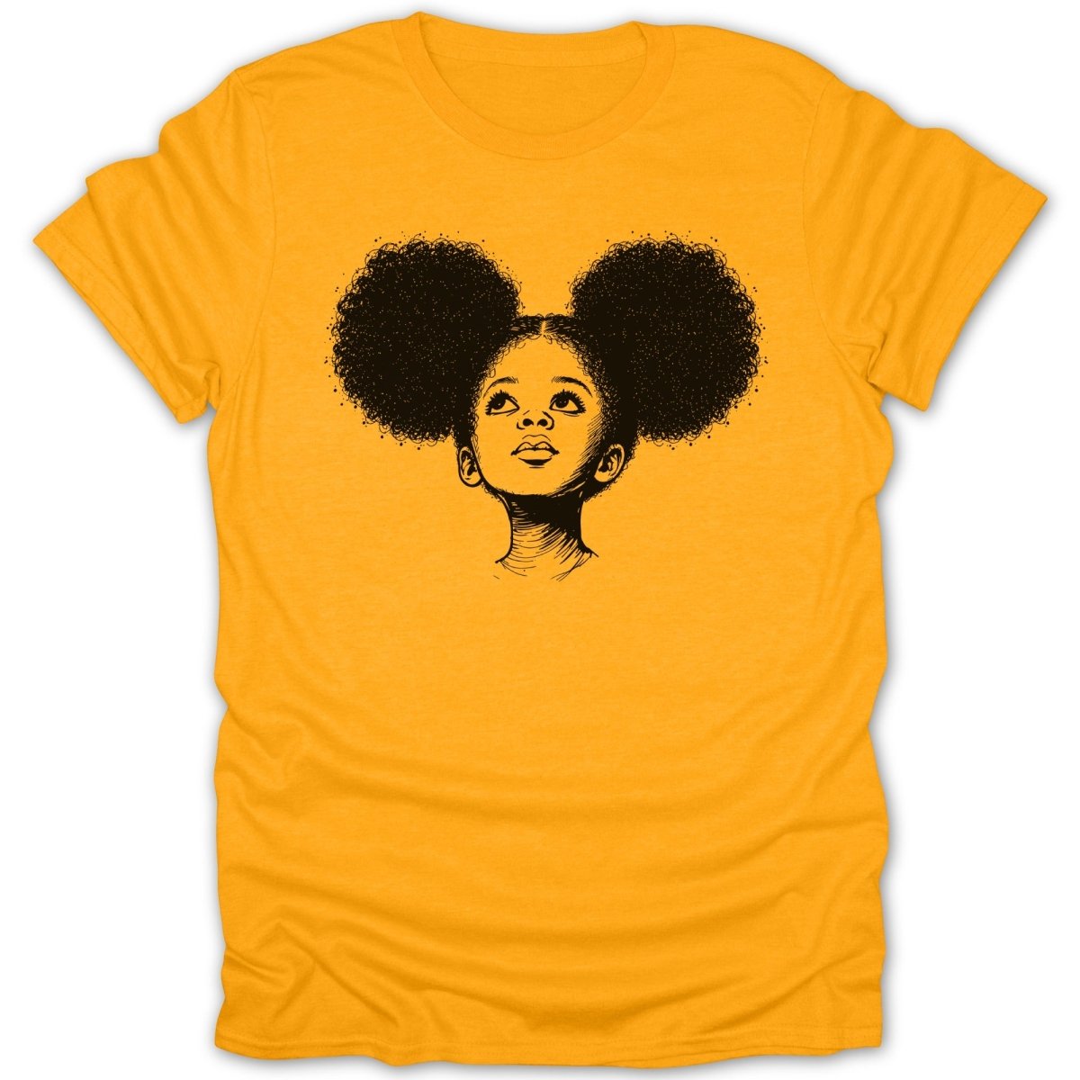 T-shirt with a sketch of a young girl with large afro puffs looking up.