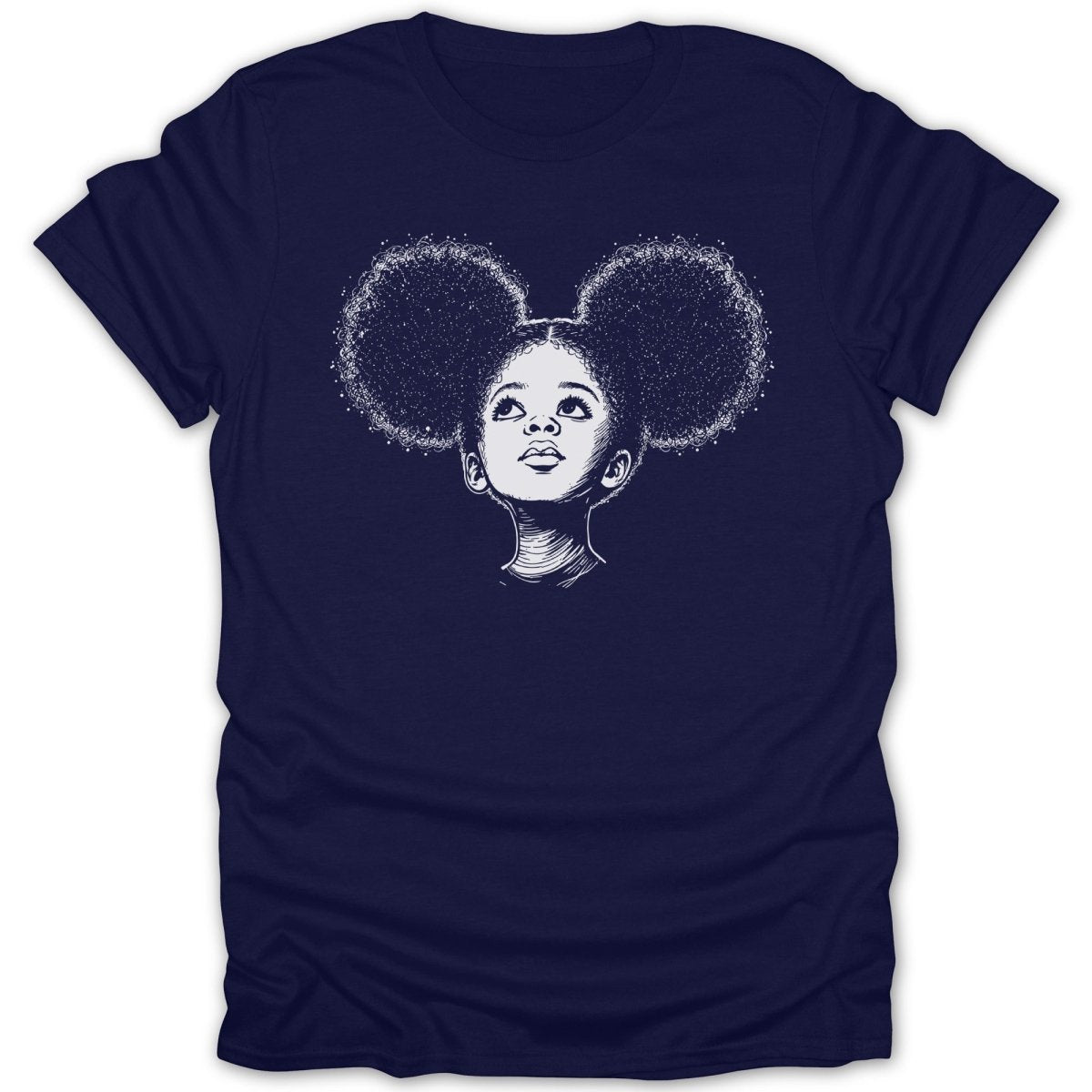 Line drawing of a young girl with large, fluffy afro puffs.