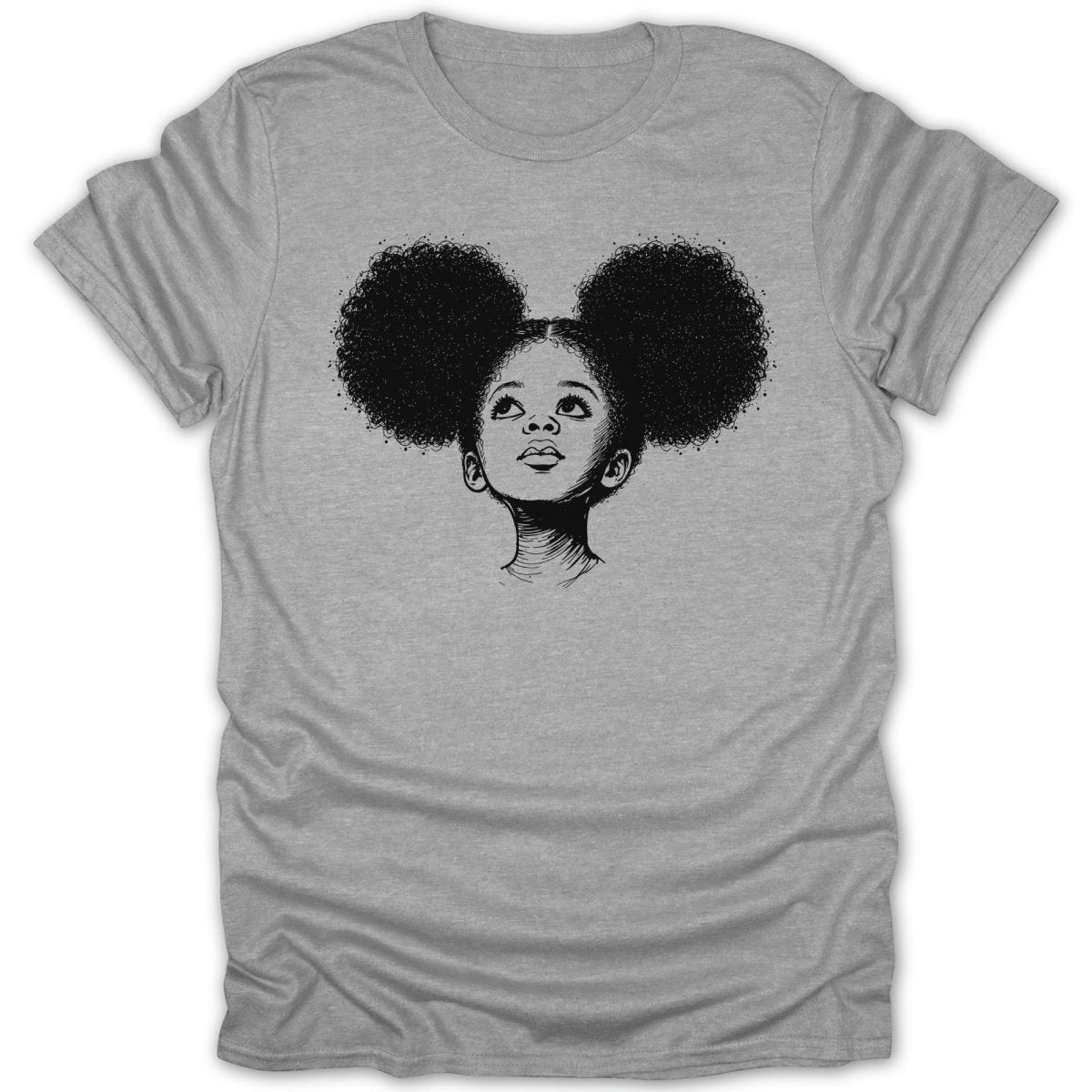 Sketch of a girl with afro puffs looking up, on a grey t-shirt.