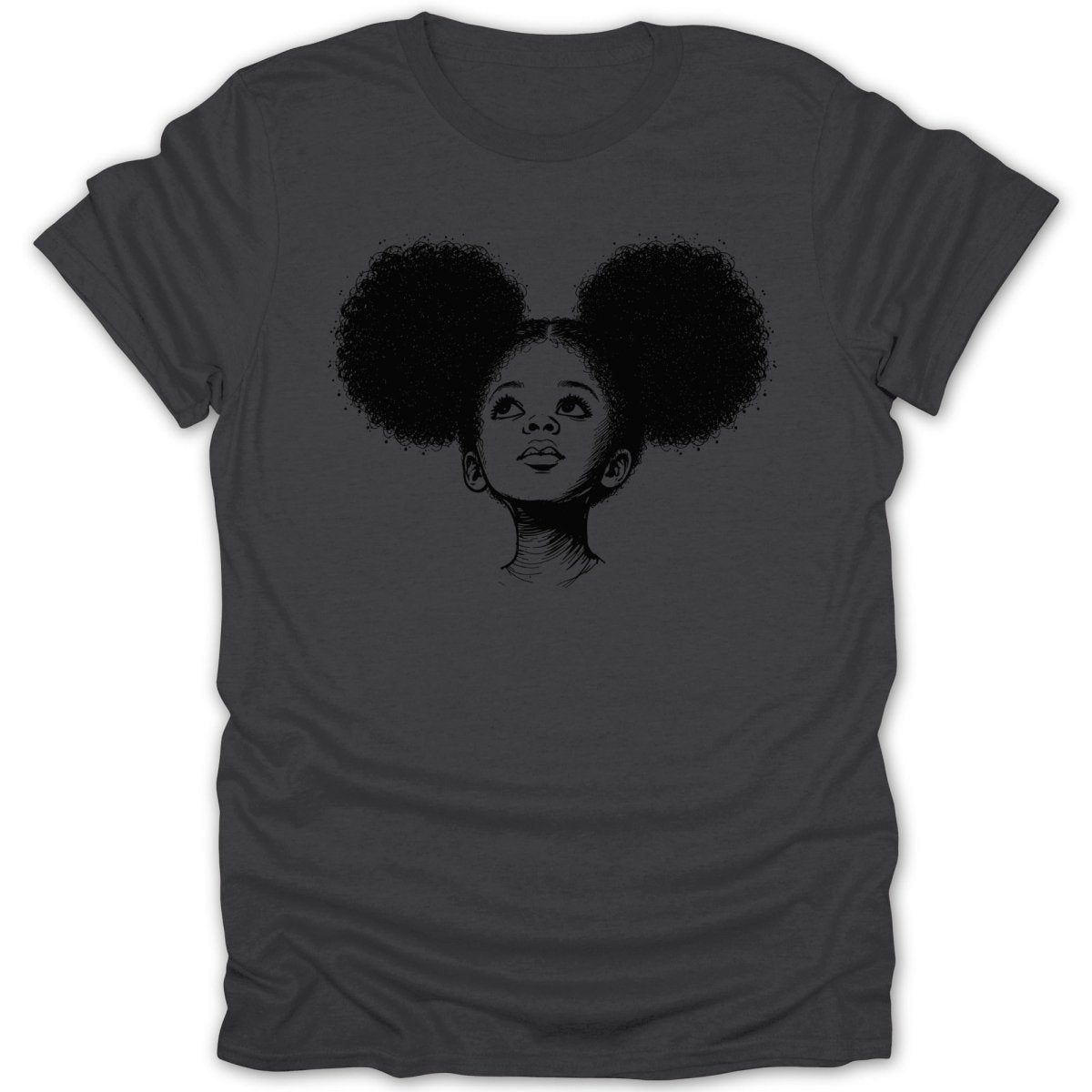 T-shirt with a black and white sketch of a young girl with afro puffs.