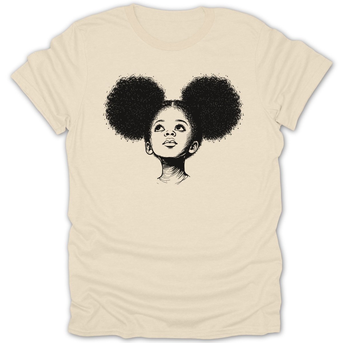 Line drawing of a young girl with large afro puffs looking up.